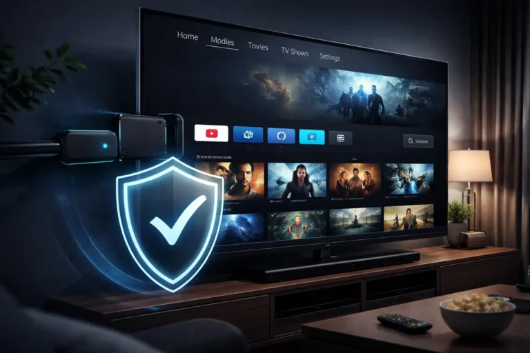 16:9 professional digital illustration of an Amazon Firestick plugged into a TV, streaming interface visible, subtle VPN shield overlay icon, modern living room background, dark premium color palette, clean tech aesthetic, no logos, no people