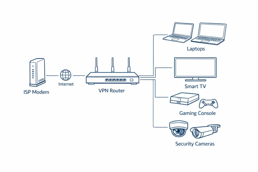 VPN router network diagram protecting all connected devices