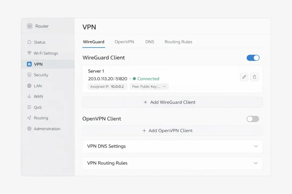 Router firmware interface showing VPN configuration settings