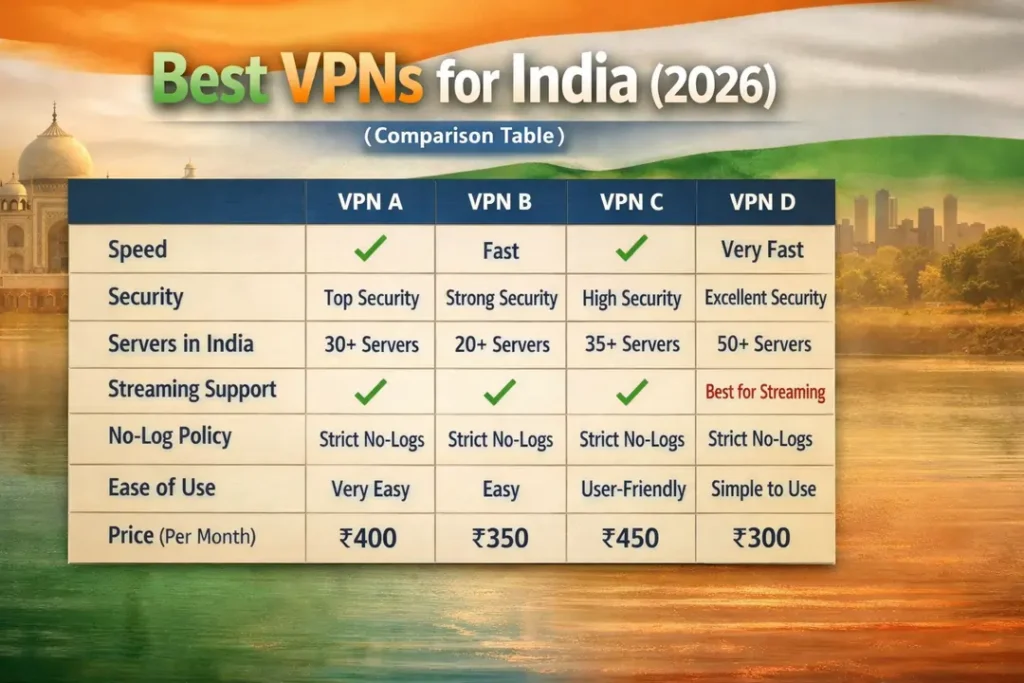 “Best VPNs for India (2026)” (Comparison Table)