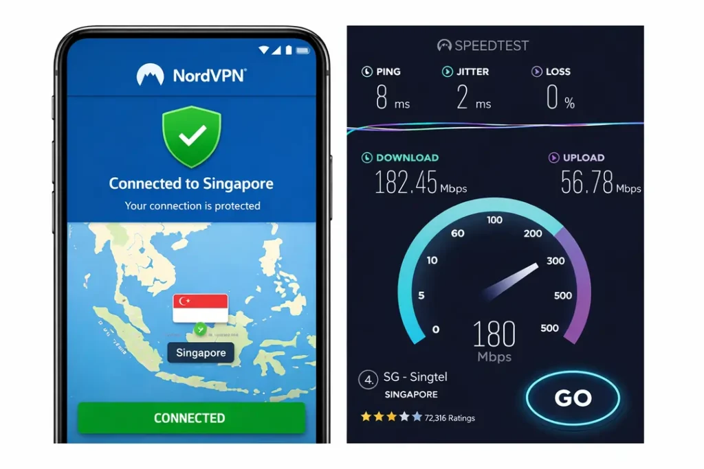 NordVPN connected to Singapore server from Thailand