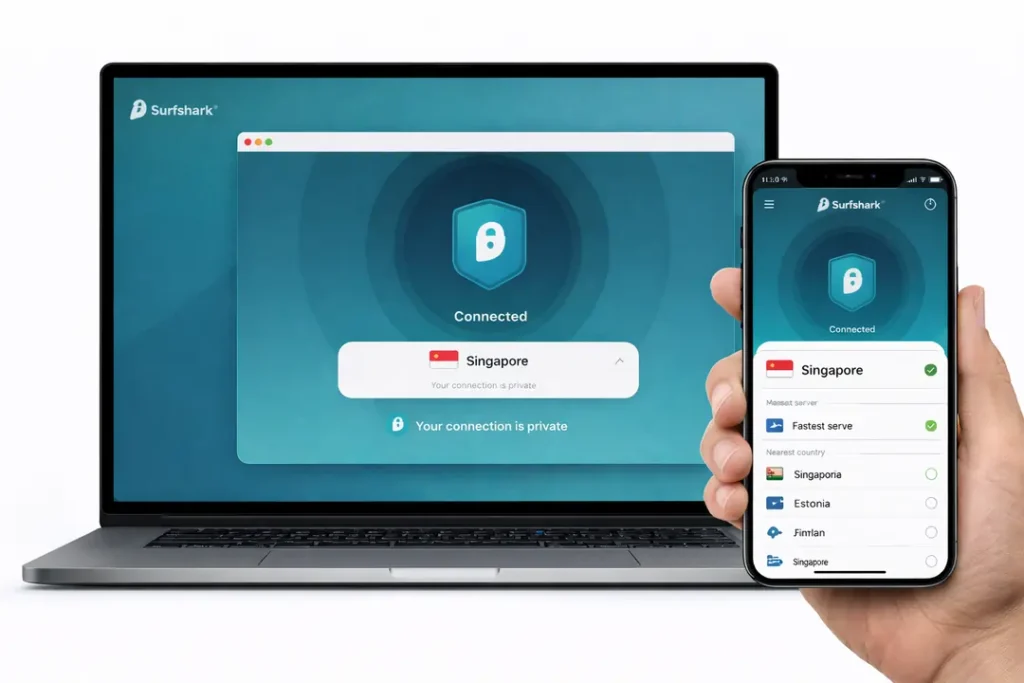 Surfshark connected to Singapore server from Thailand