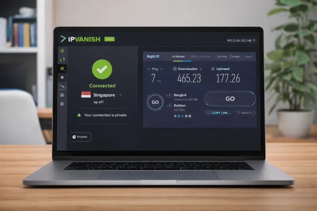 IPVanish speed test results on Bangkok home internet