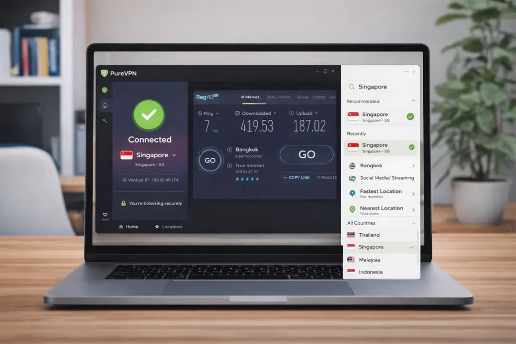 PureVPN desktop app running during Thailand testing