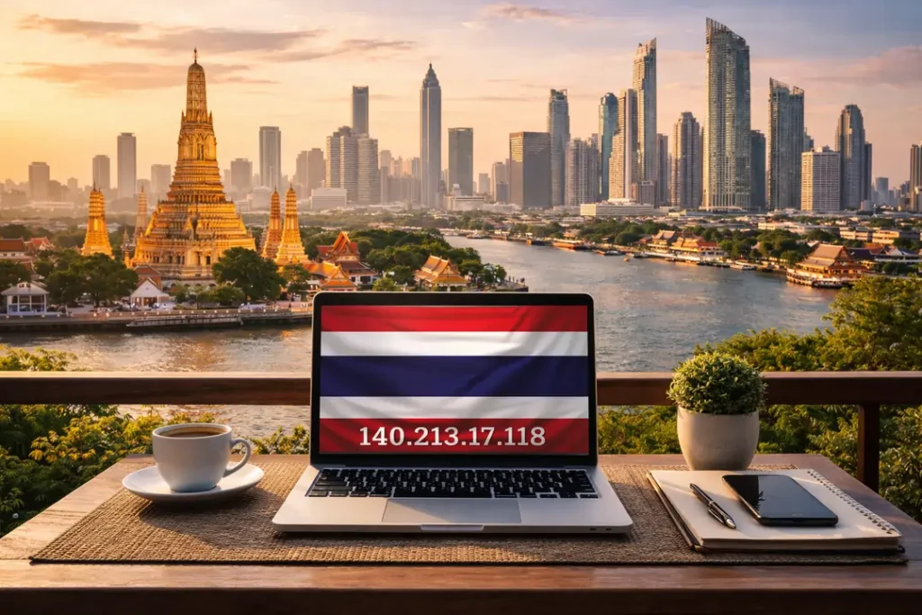 Thai IP Address on Laptop Screen Bangkok skyline