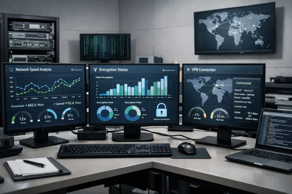 VPN testing lab environment with speed and encryption analysis tools