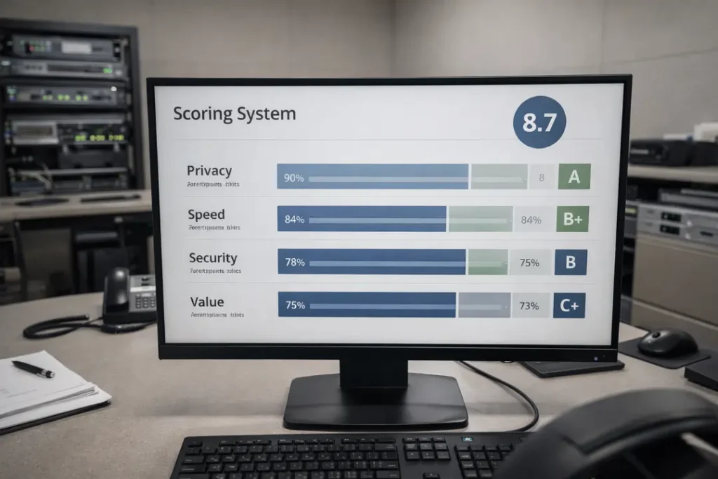 VPN scoring system dashboard showing weighted ranking categories