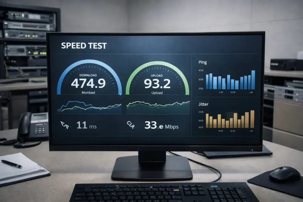 VPN speed test results showing download, upload, ping, and jitter analysis