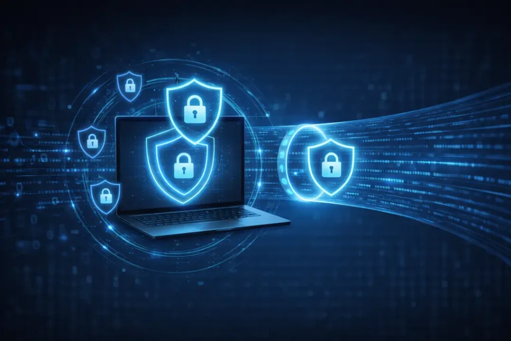 Layered VPN security protection with encrypted data and shield icons