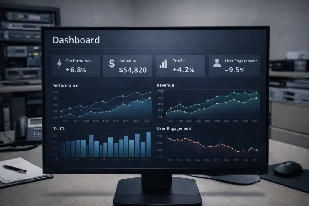 VPN performance metrics updating over time on a digital dashboard