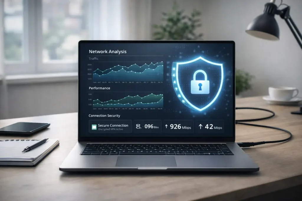 VPN testing and evaluation workspace with secure connection analysis
