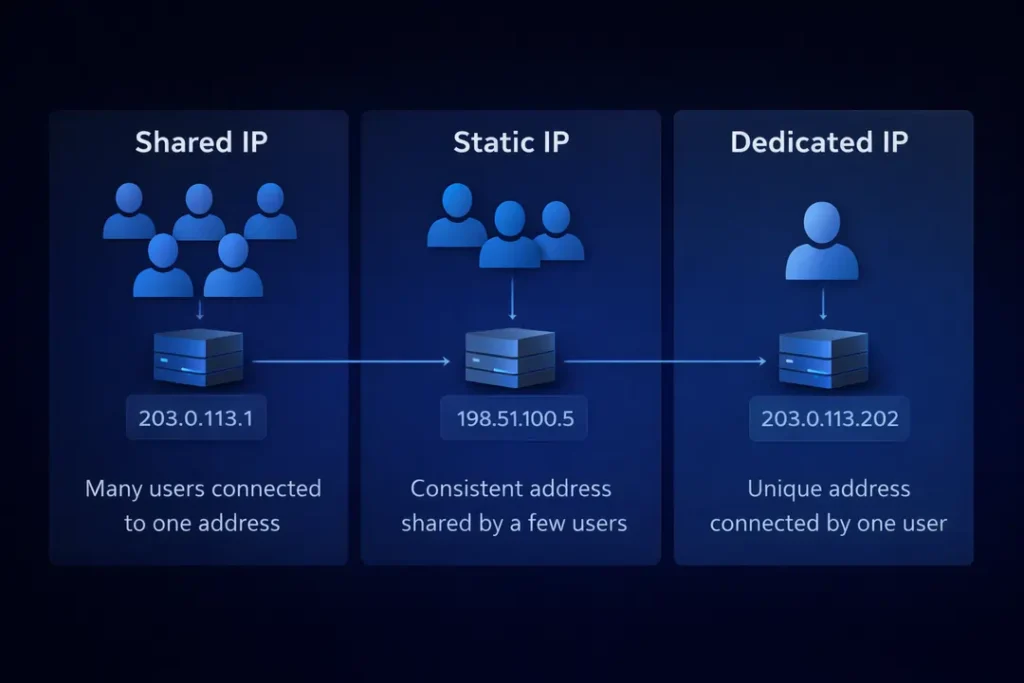 Visual comparison of shared IP, static IP, and dedicated IP connections