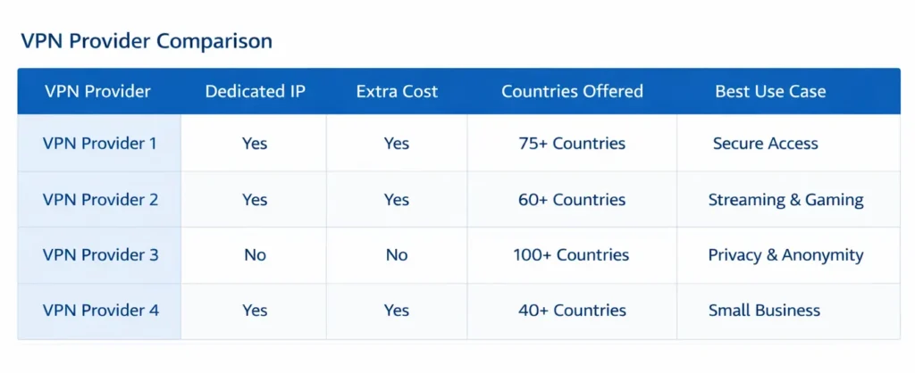 Comparison table of VPN providers offering dedicated IP addresses