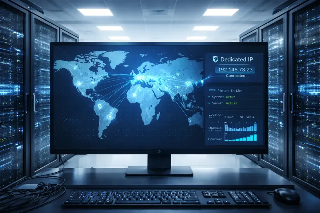 Dedicated IP connection shown within a secure VPN server environment