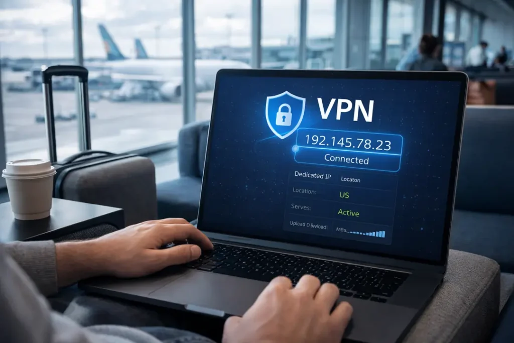 Traveler using a VPN with a dedicated IP for stable secure connection