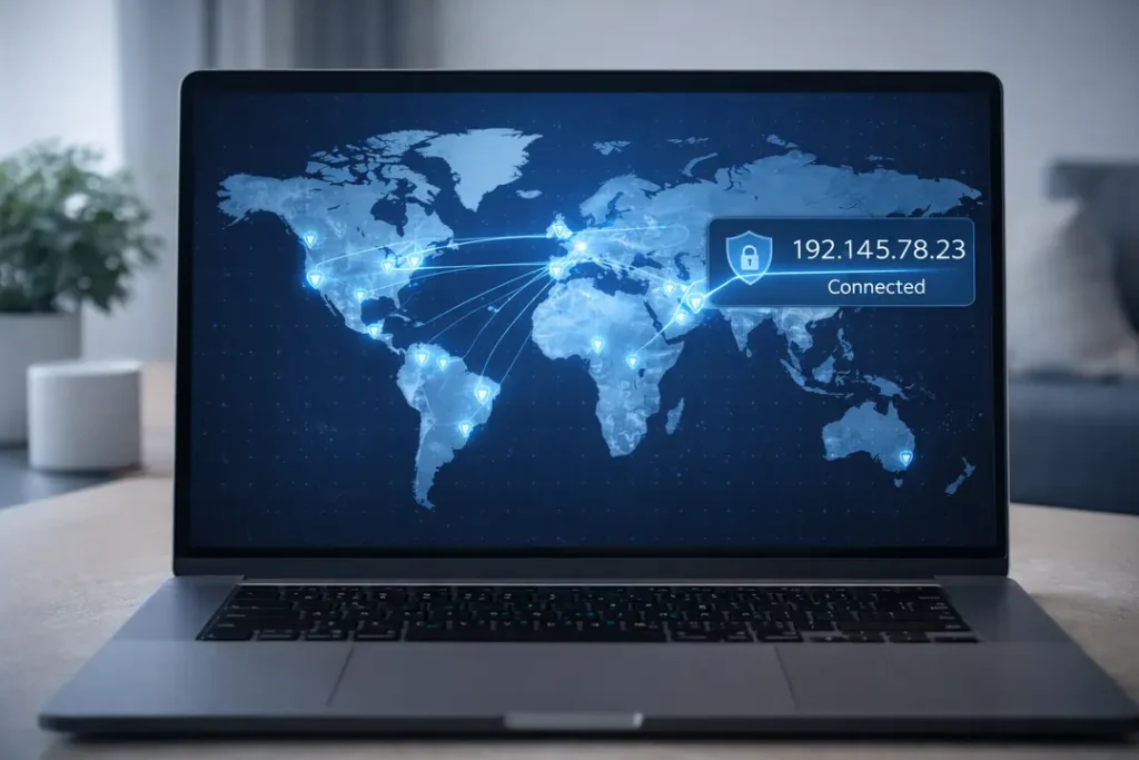 Dedicated IP connection shown on a global VPN network map