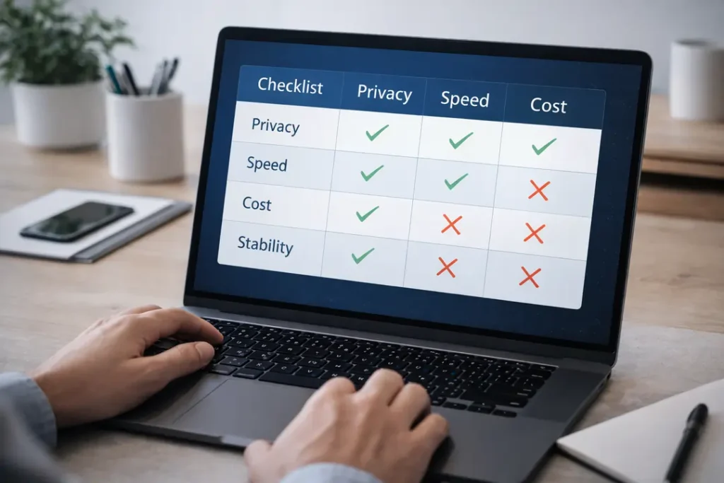 Checklist comparing privacy, speed, cost, and stability when choosing a VPN