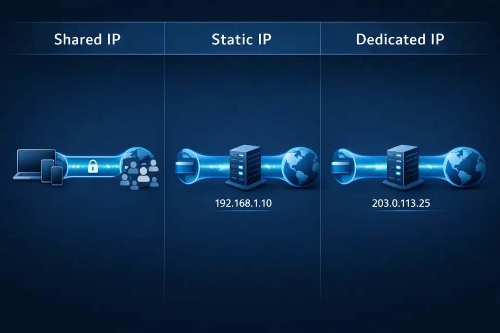 Shared IP, Static IP, and Dedicated IP VPN comparison infographic showing secure encrypted connections