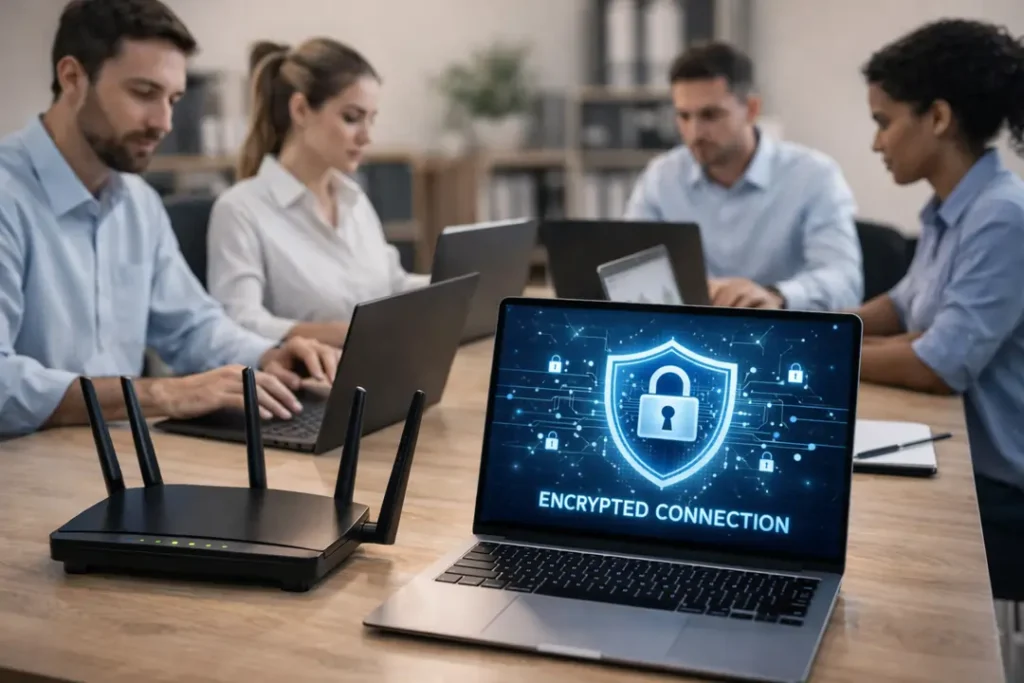 Small business team using a secure VPN connection to protect company data