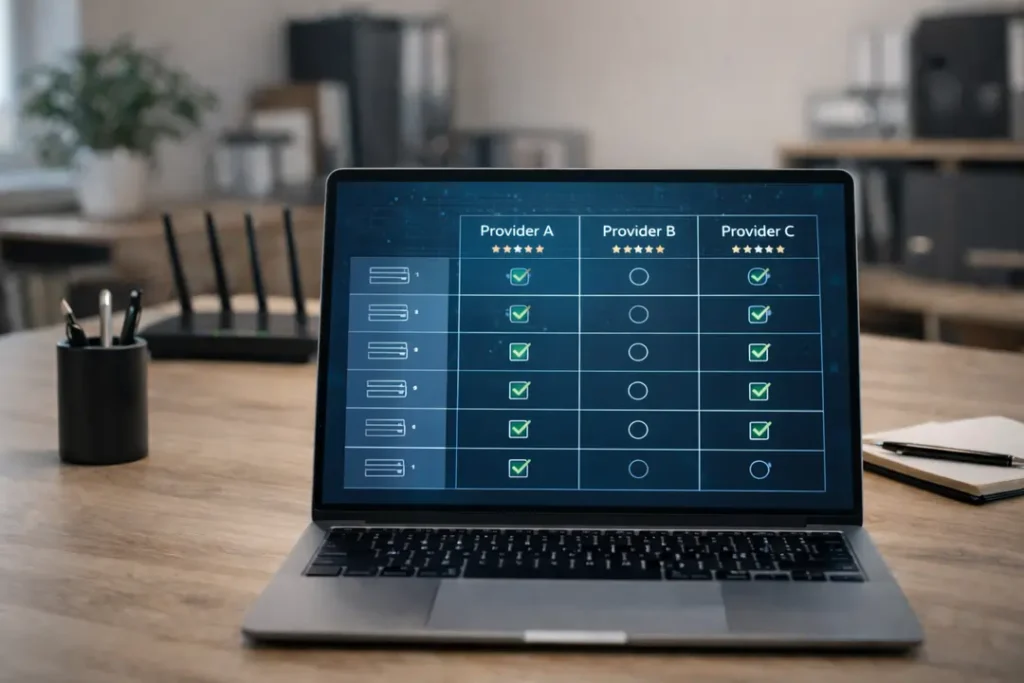Business VPN comparison chart displayed on a laptop in an office setting