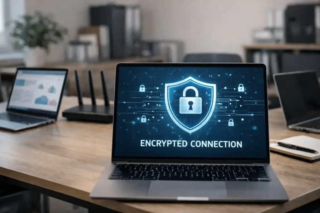 Business team using a secure VPN connection in an office environment