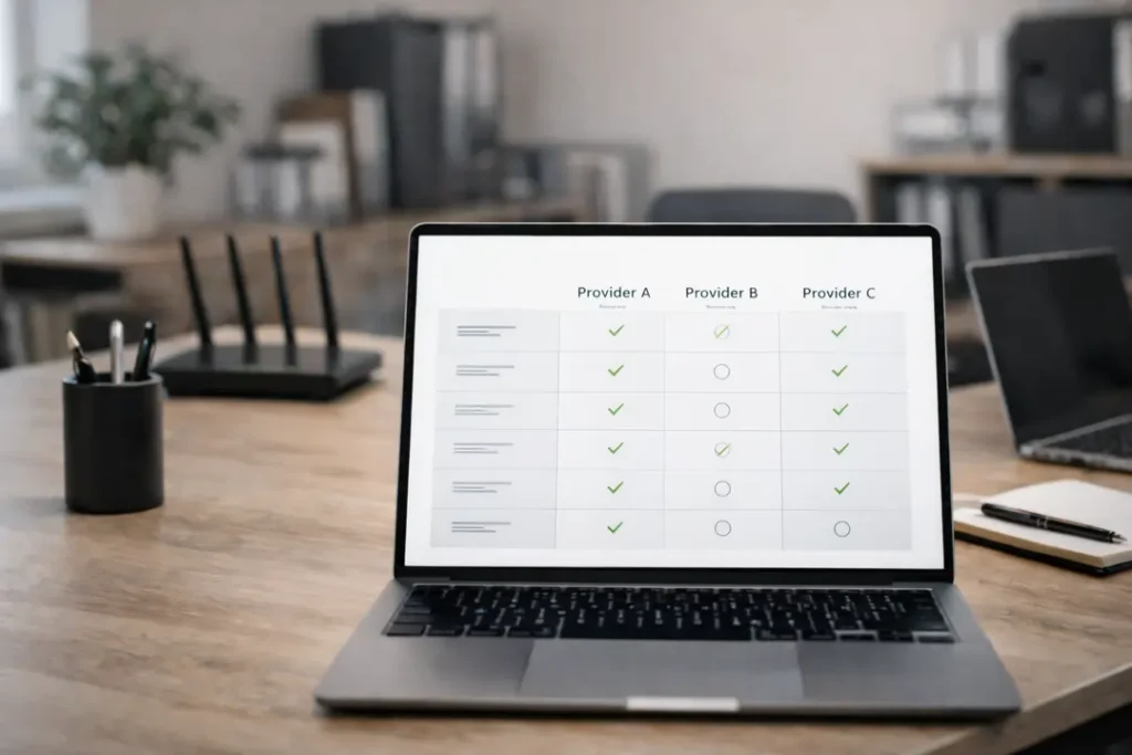 Comparison table of business VPN features displayed on a laptop