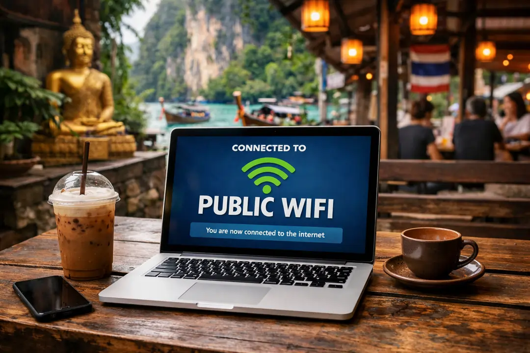 Laptop connected to public WiFi in Thailand cafe environment
