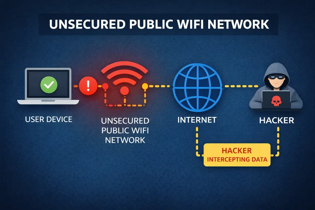 Diagram showing data transmission on unsecured public WiFi network