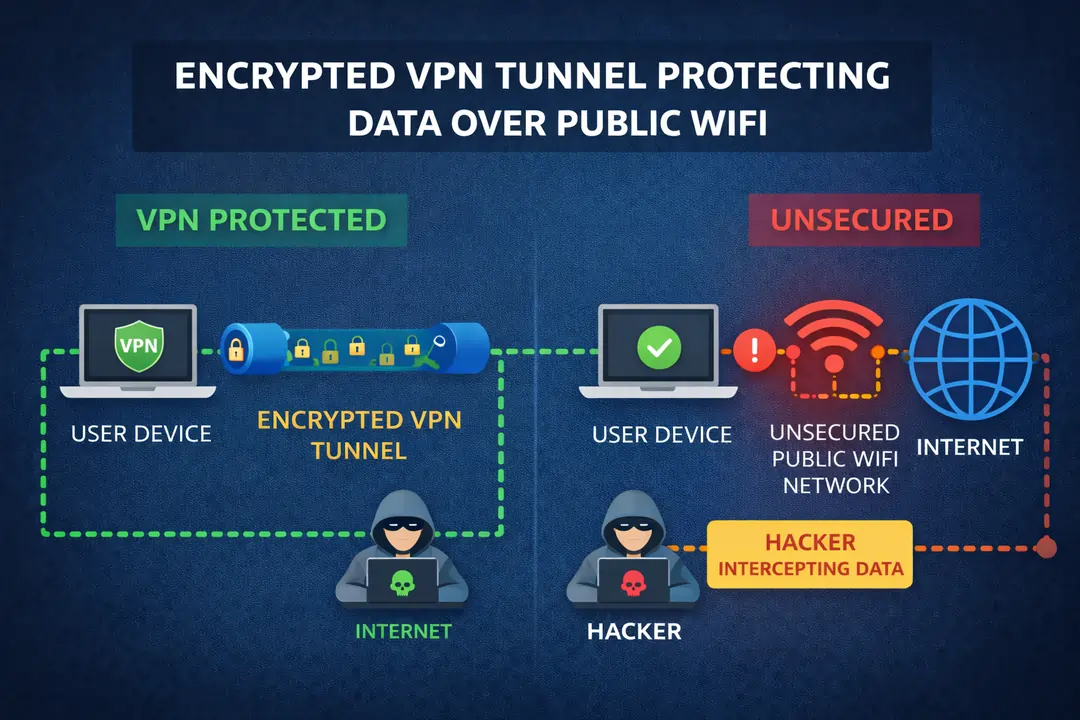 Diagram showing encrypted VPN tunnel protecting data on public WiFi