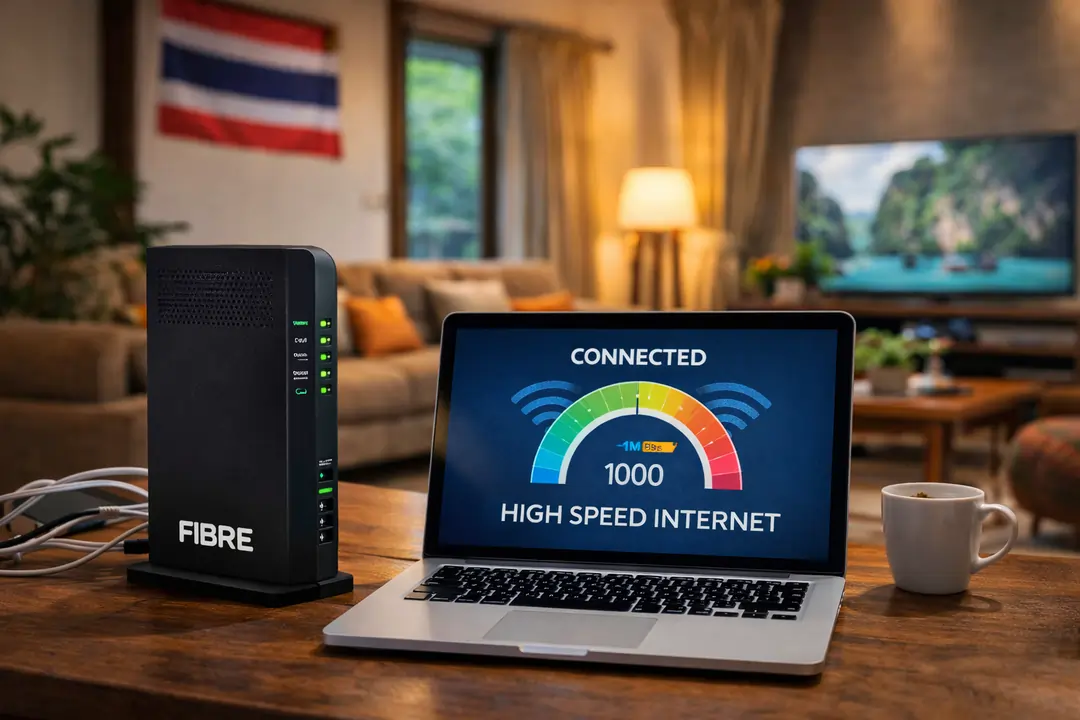 Private home fibre broadband setup in Thailand living room environment