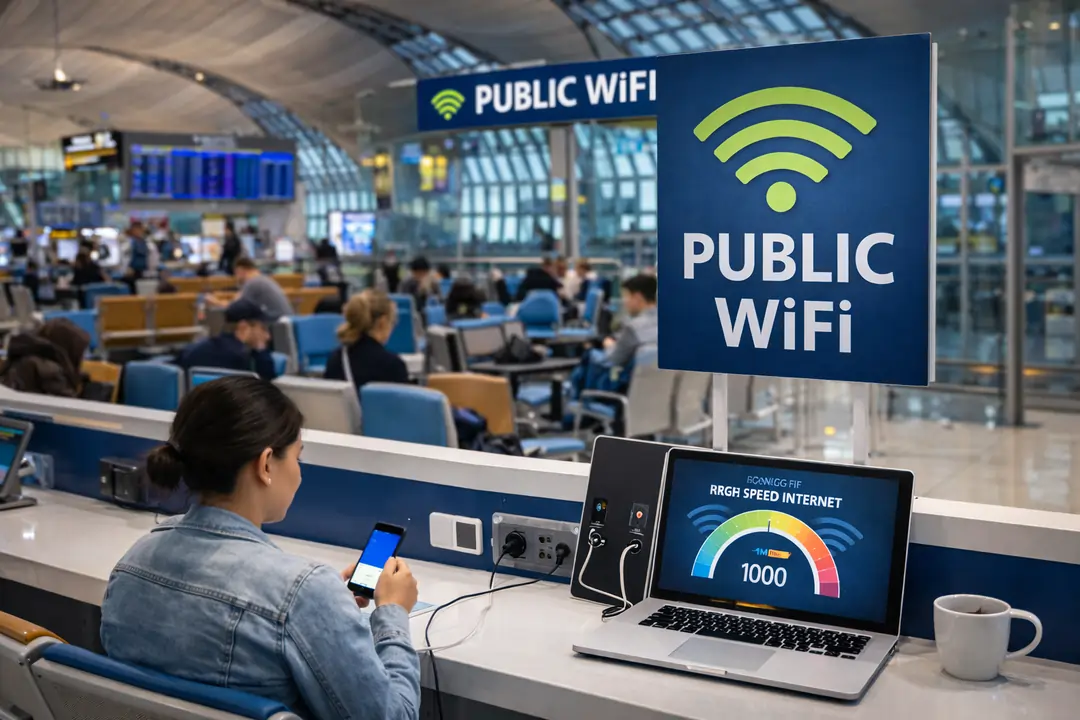 "Public WiFi seating area inside Bangkok airport terminal" 