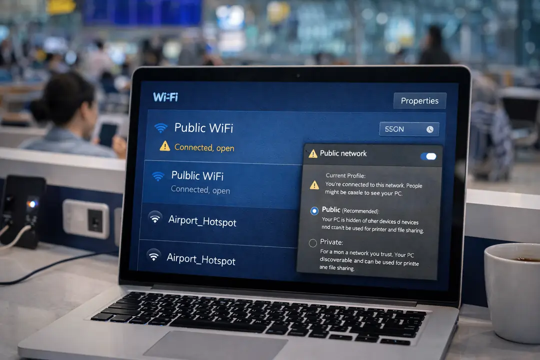 Laptop showing WiFi network settings on a public network connection