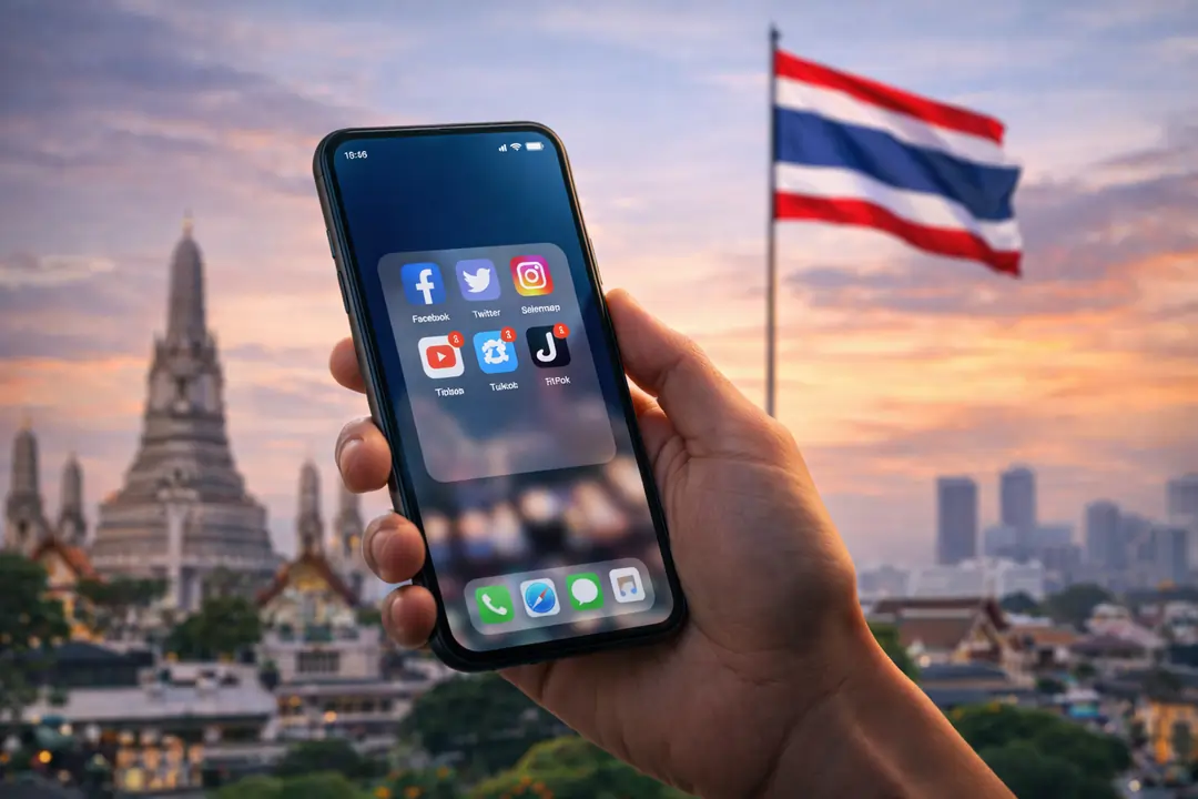 Person using smartphone with social media apps in Thailand