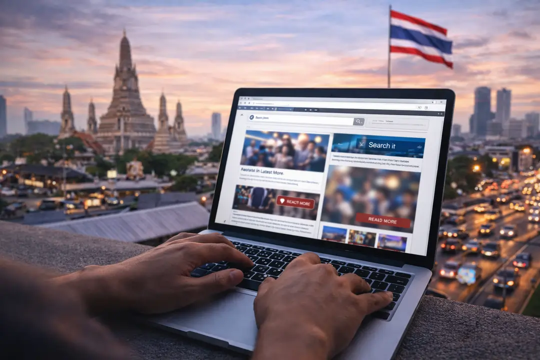 Person using laptop in urban Thailand environment representing normal internet access