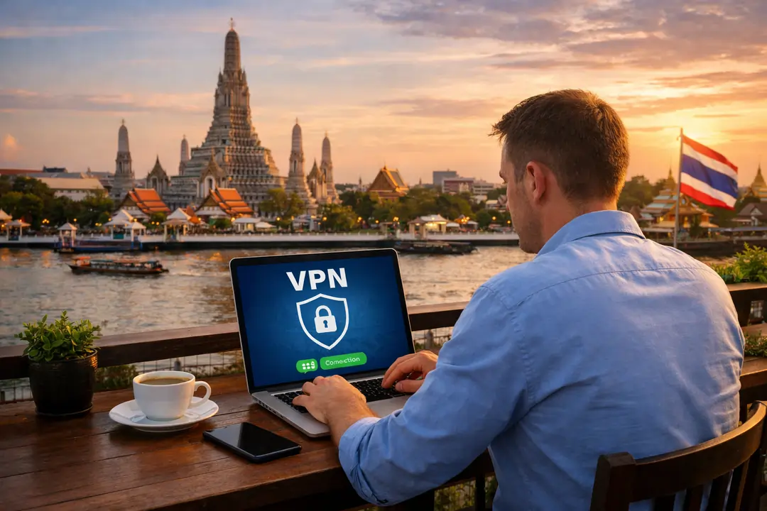 Professional using VPN on laptop in Thailand environment
