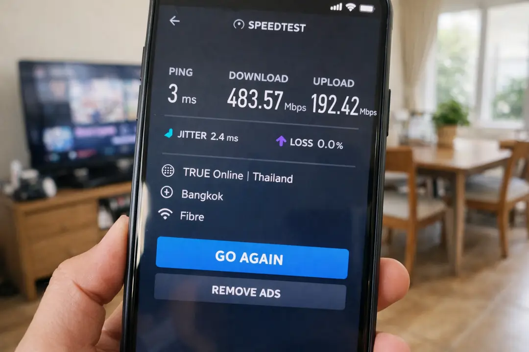 Internet speed test results on Thai fibre broadband connection
