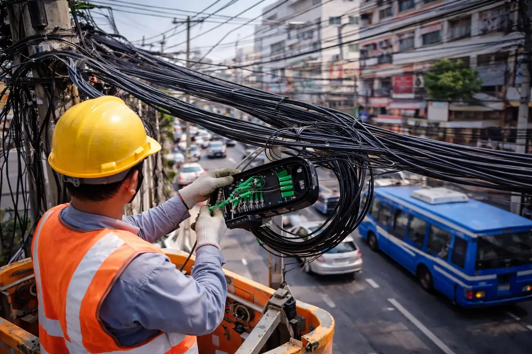 Fibre optic internet infrastructure installation in Thailand urban area"