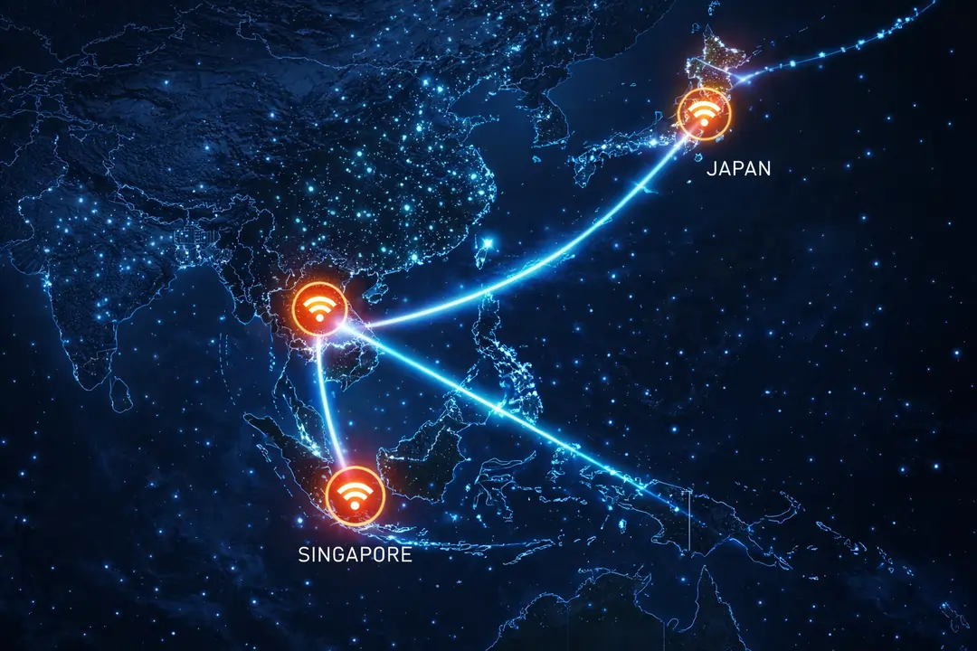 Regional internet routing map showing Thailand connections to Singapore and Japan