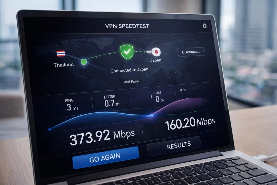 VPN speed test running on laptop connected to Thai fibre internet
