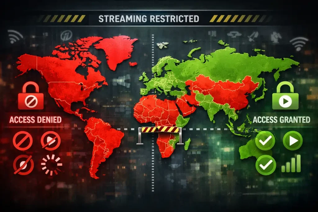 Conceptual streaming restriction visual (world map with highlighted regions or “blocked vs unblocked” icons)