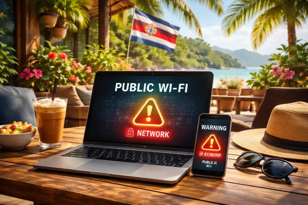 Image idea: Café or hotel Wi-Fi environment in Costa Rica (laptop + phone on public network).