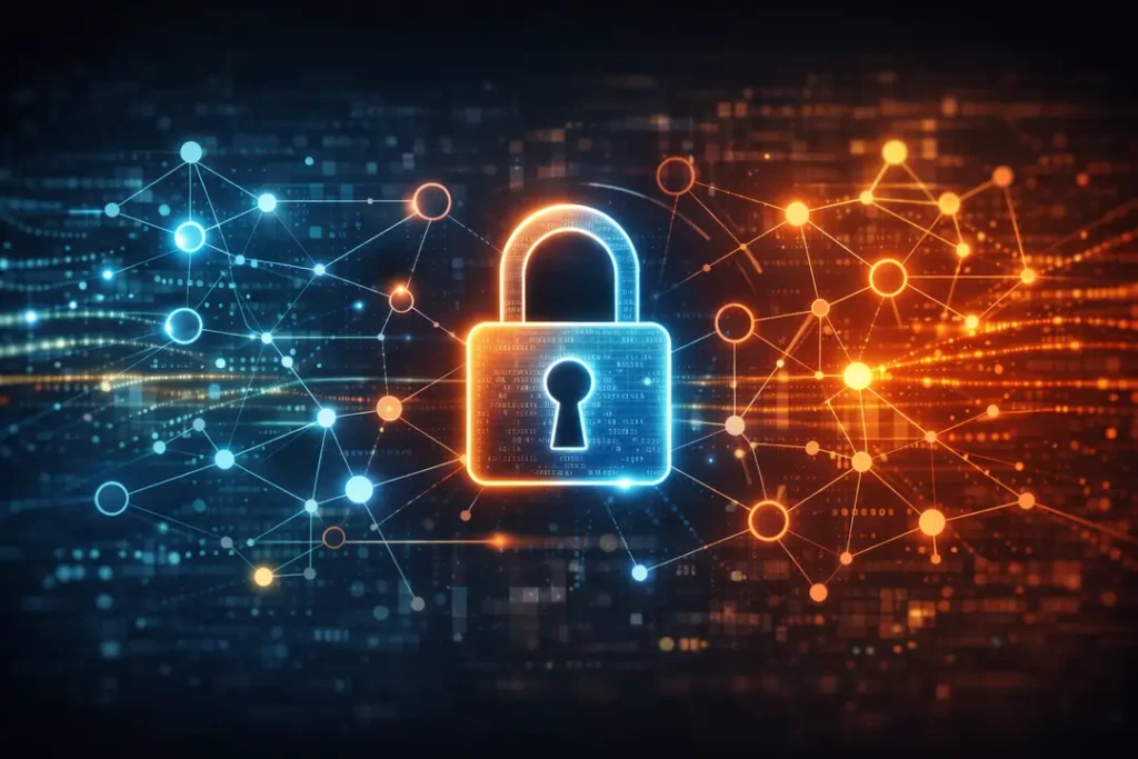 Abstract privacy concept (lock + network nodes or neutral data-flow illustration).