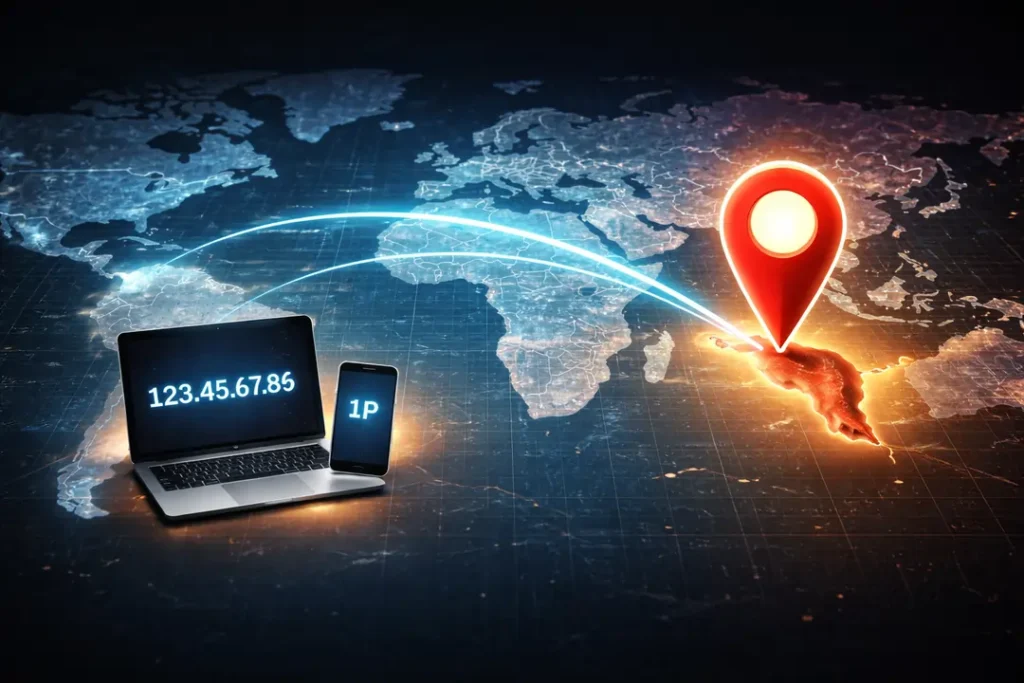Simple IP-location concept (map pin over Costa Rica or routing line from device to country)
