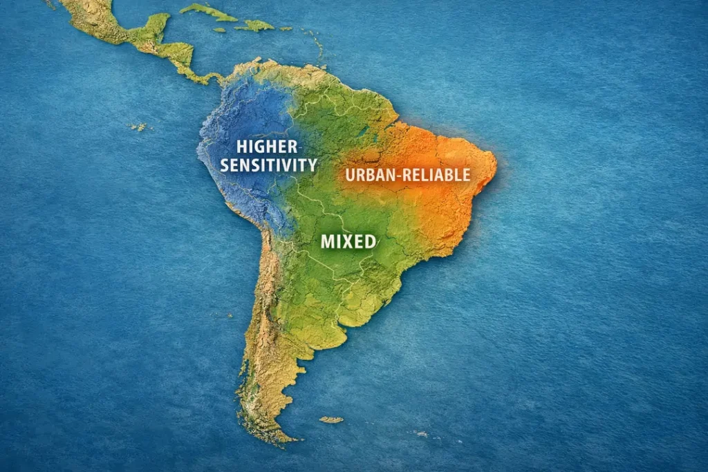 South America map with subtle connectivity group labels (urban-reliable, mixed, higher-sensitivity)