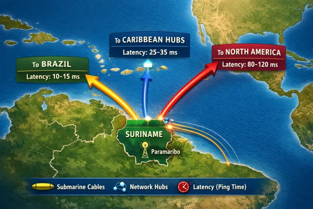 Latency and routing diagram showing connections from Suriname to Brazil