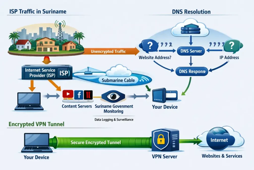 Diagram showing ISP traffic flow in Suriname, DNS resolution, and encrypted VPN tunnel