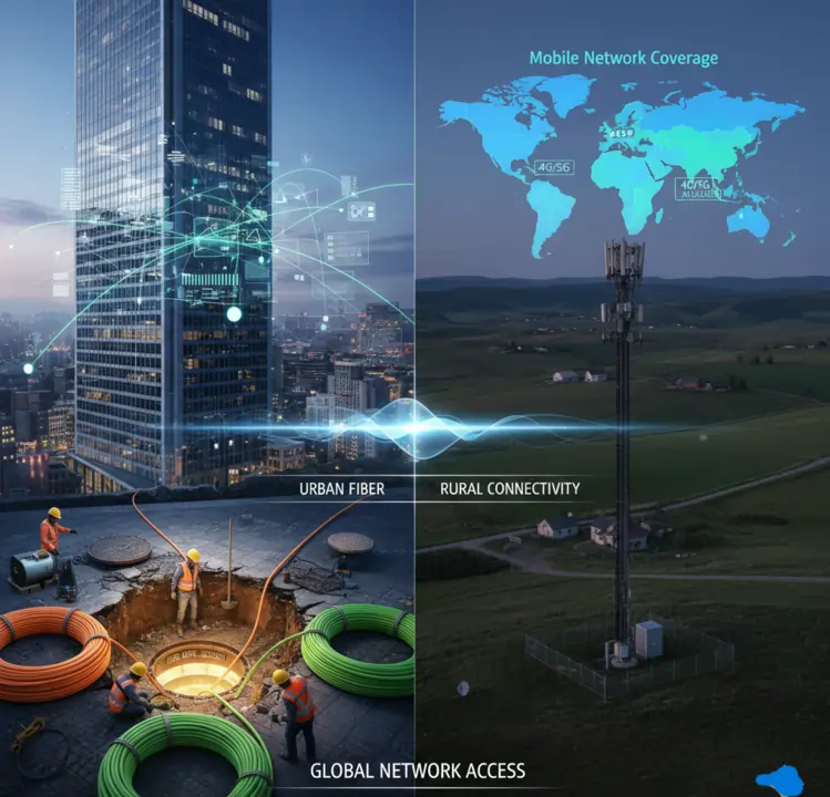 Internet infrastructure context (urban fiber vs rural connectivity, mobile network coverage map)