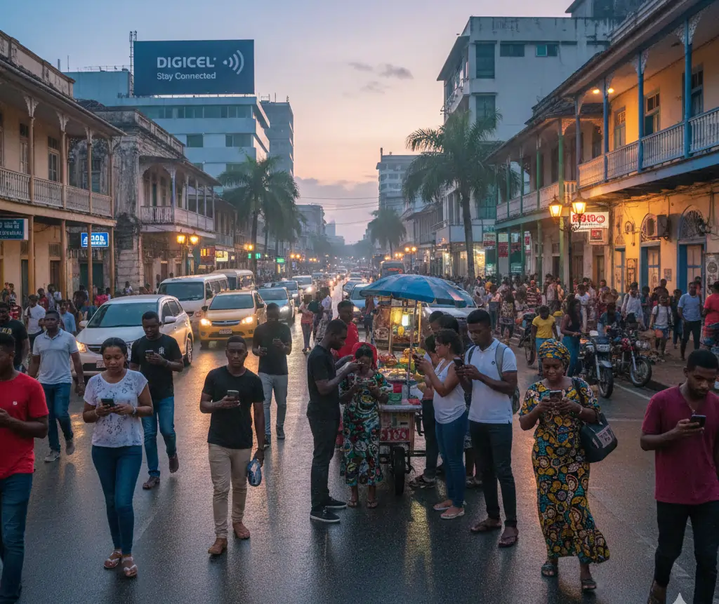 Urban Guyana street scene with people using smartphones